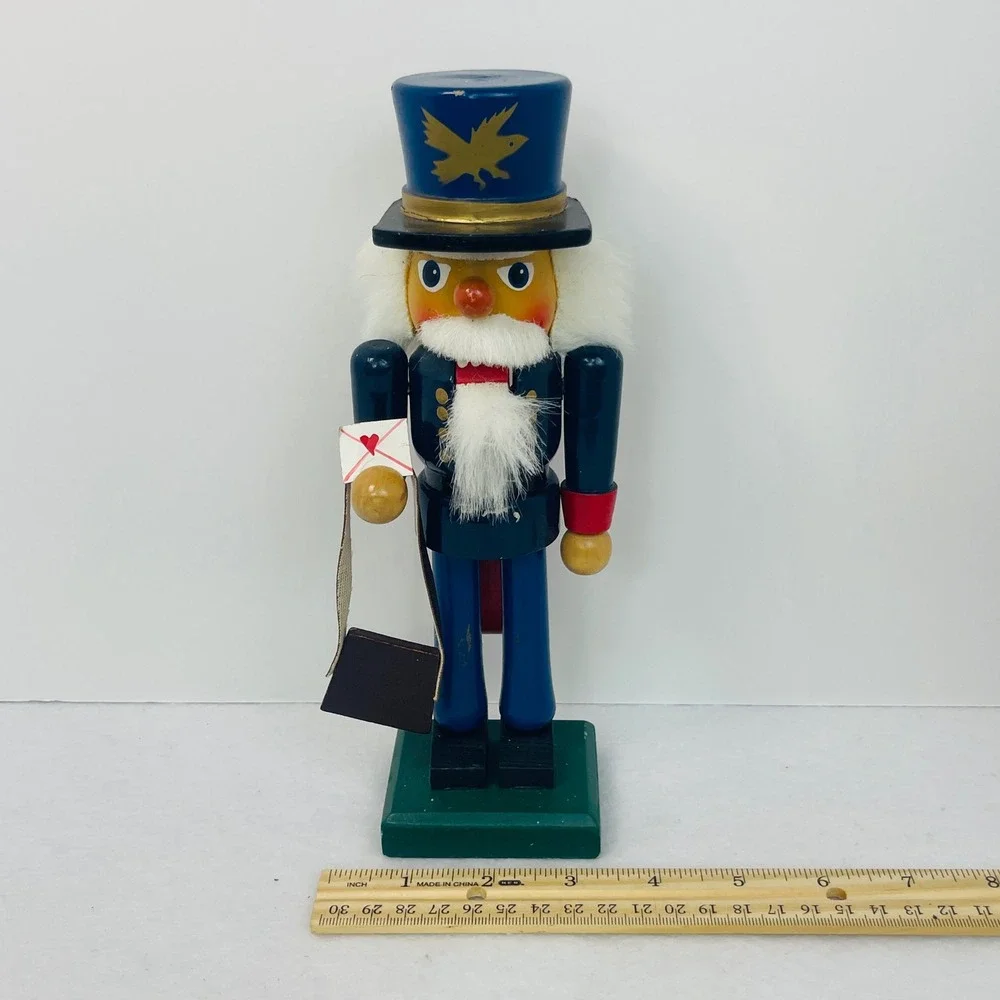 Vintage Wooden Mailman Nutcracker Postman with Letter and Mail Bag 10 Inch Blue